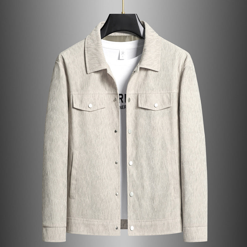 Men's tan cotton jacket structured fit button front classic collar flap chest pockets