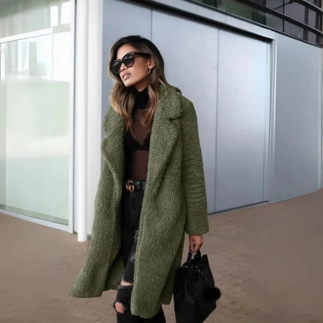 Cream longline teddy overcoat with notched lapel, relaxed-fit faux-shearling fleece open-front style