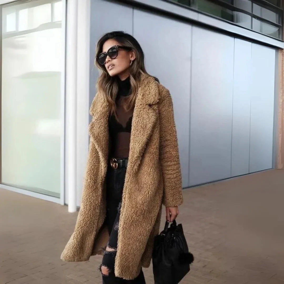 Cream longline teddy overcoat with notched lapel, relaxed-fit faux-shearling fleece open-front style