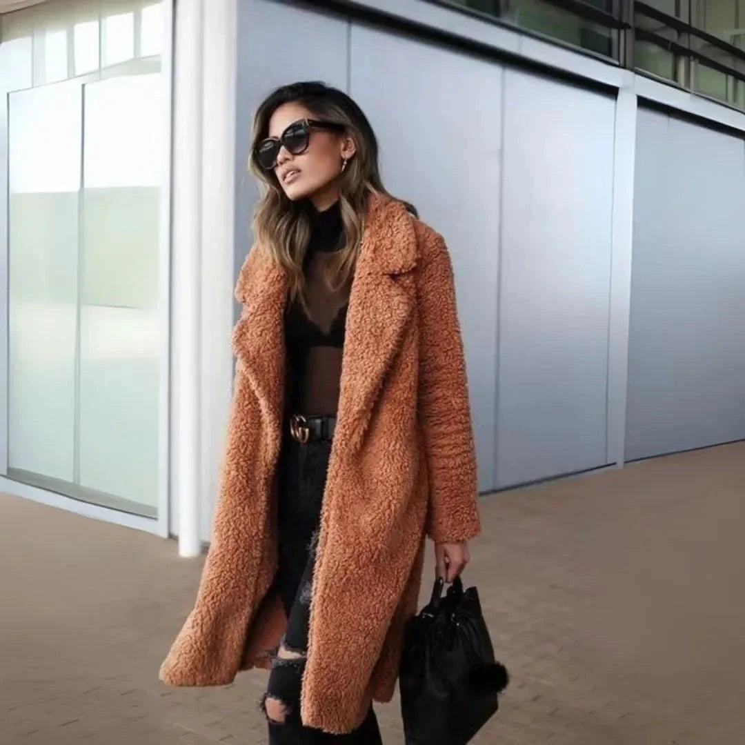 Cream longline teddy overcoat with notched lapel, relaxed-fit faux-shearling fleece open-front style