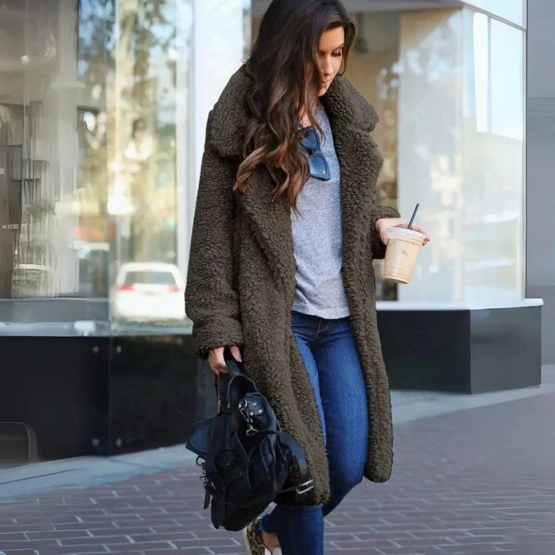Cream longline teddy overcoat with notched lapel, relaxed-fit faux-shearling fleece open-front style
