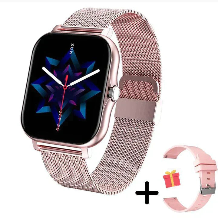 Minimalist gold mesh band smartwatch with sleek contemporary design and smart wellness tracking features