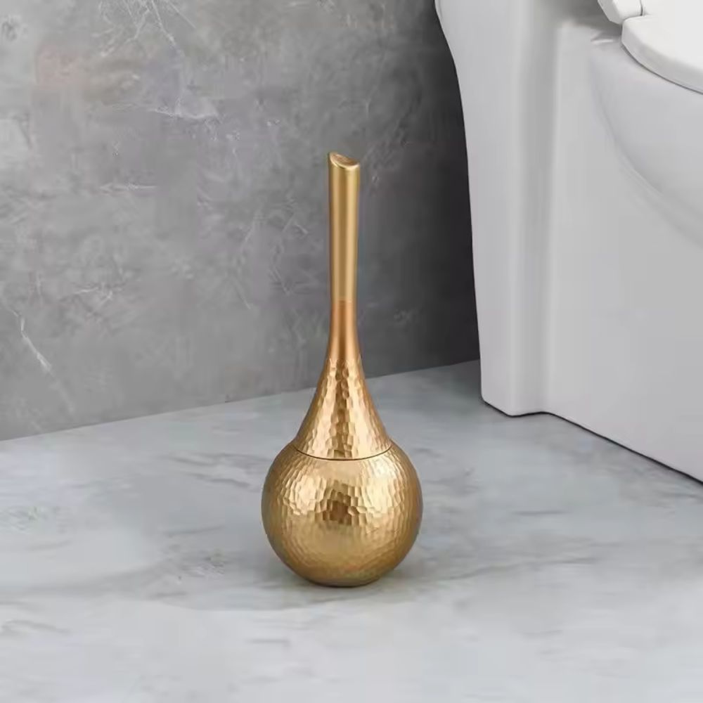 Hammered gold toilet brush with holder, sophisticated luxury bathroom accessory with textured finish