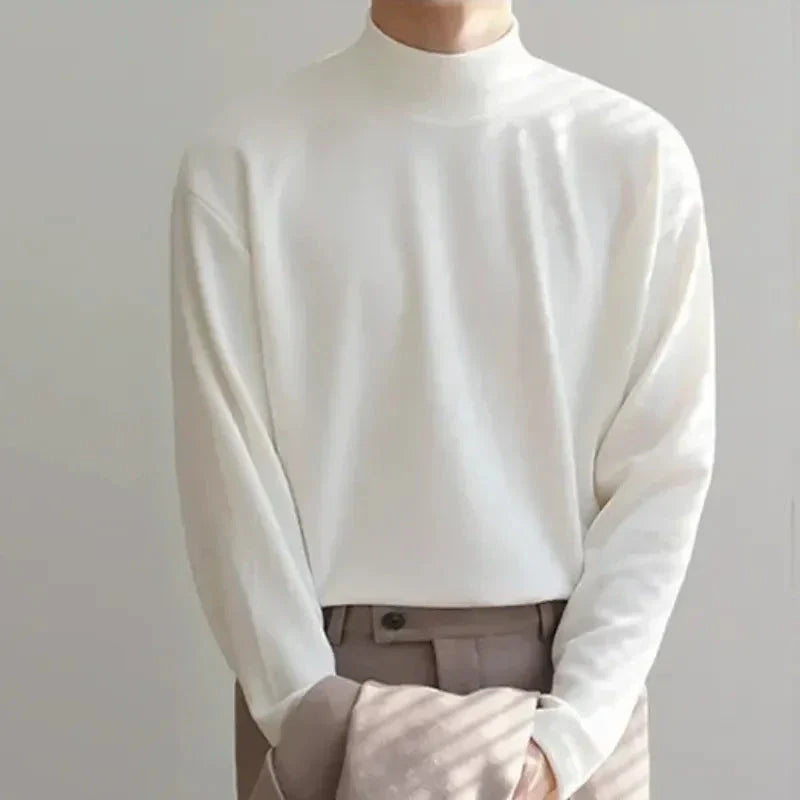 Ivan mock neck pullover in neutral tone, slim-fit silhouette with silky-smooth minimalist finish