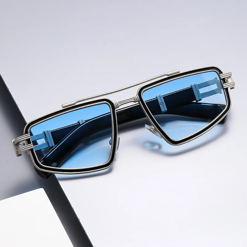 Ion Edge Grid Shades chrome angular metal frame vivid blue UV lenses cyberpunk futuristic sunglasses