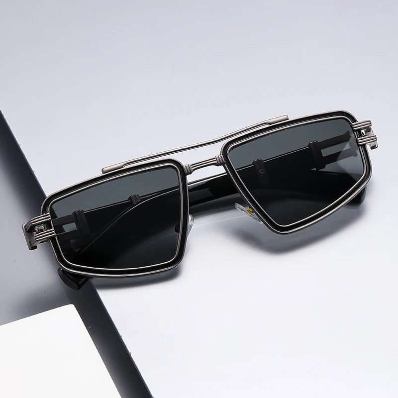 Ion Edge Grid Shades chrome angular metal frame vivid blue UV lenses futuristic cyberpunk sunglasses