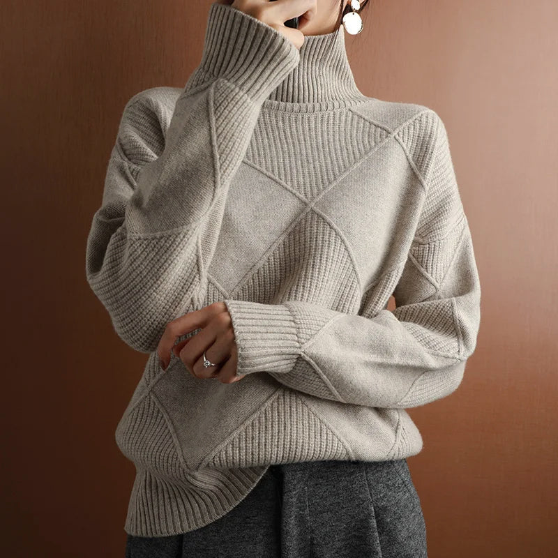 Isabelle soft knit turtleneck sweater in cozy fall tones with elegant roll-neck silhouette by Wavlynn