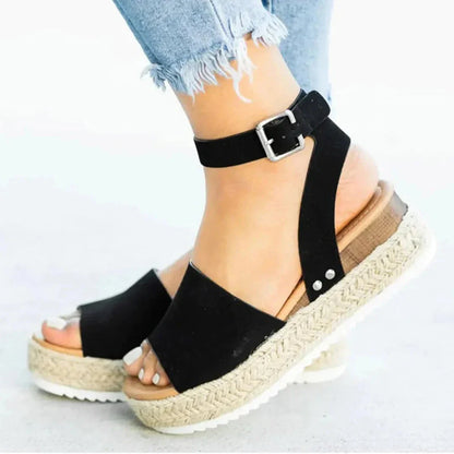 Women's beige espadrille platform sandals with braided jute sole and adjustable ankle strap