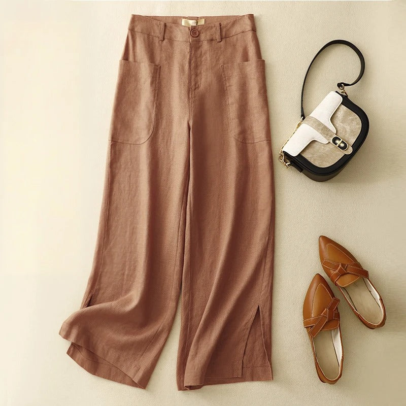 Isla wide-leg cropped linen blend trousers high-rise fit with front patch pockets and side slits