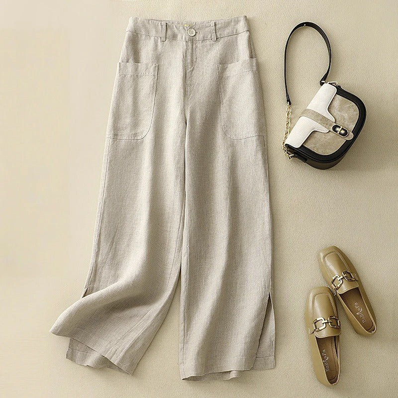 Isla wide-leg cropped linen blend trousers with high-rise fit and front patch pockets