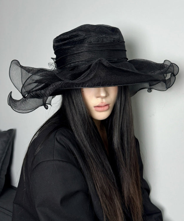 Chapeau de soleil italien noir à volants en organza - Wavlynn