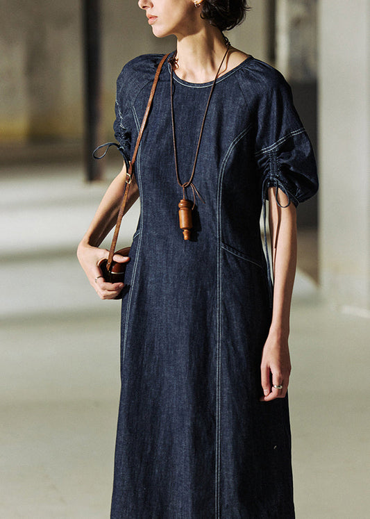 Robe d'été en jean bleu marine italien à col rond et cordon de serrage - Wavlynn