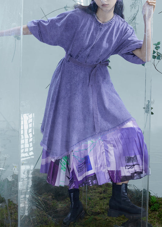 Robe en jean patchwork asymétrique violet italien à manches lanternes - Wavlynn