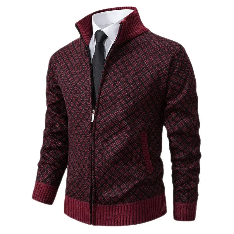 Men's patterned knit cardigan with zipper, high collar, ribbed edges, and front pockets