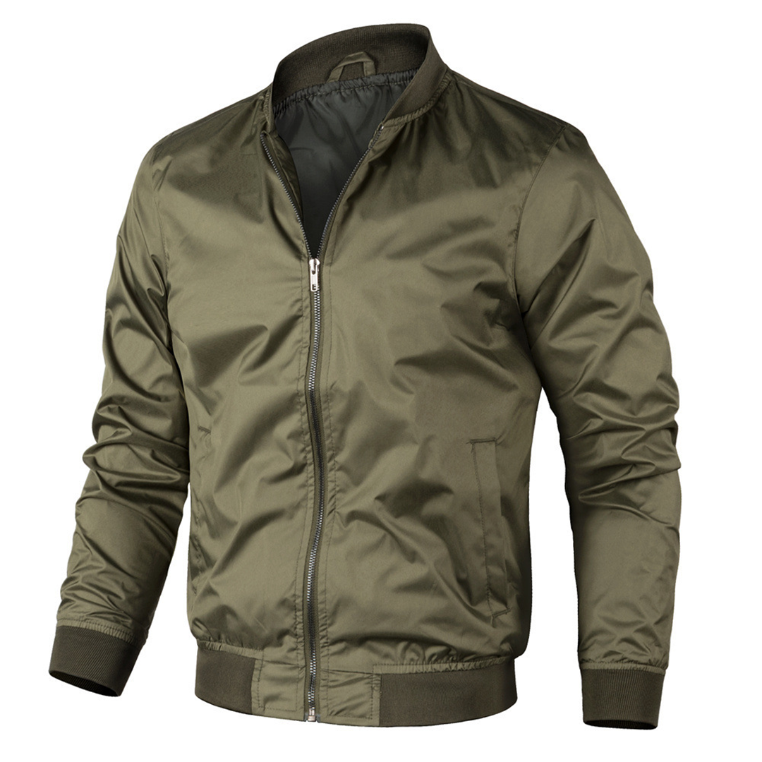 Olive green men's bomber jacket classic cut with ribbed cuffs collar and hem everyday versatile style