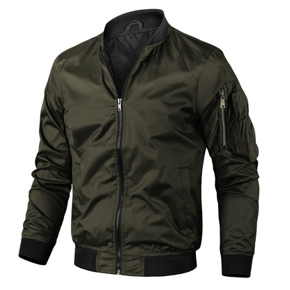 Olive green men's bomber jacket classic cut with ribbed cuffs, collar, and hem by Wavlynn