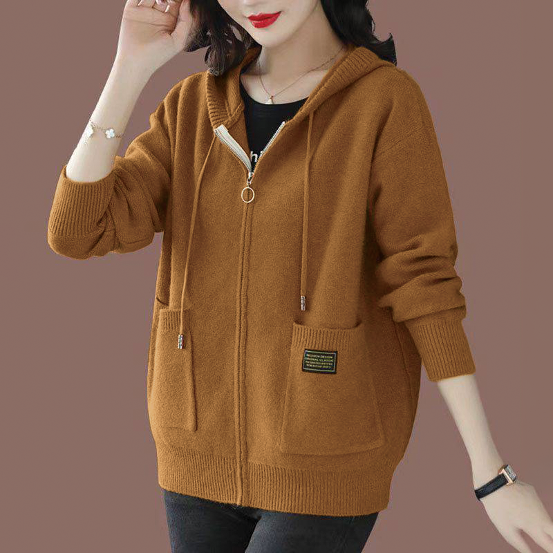 Aria wool zip-up hoodie with ribbed cuffs, adjustable drawstring hood, and front pockets