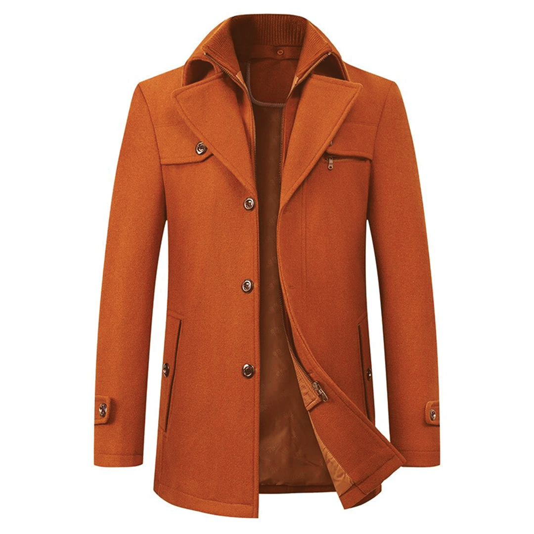 Men's charcoal wool blend overcoat refined tailoring stand-up collar dual button hidden zipper closure
