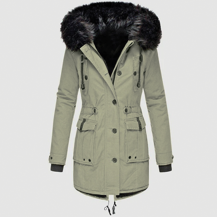 Women's black hooded winter jacket with faux fur trim, insulated waist-cinching fit for cold weather