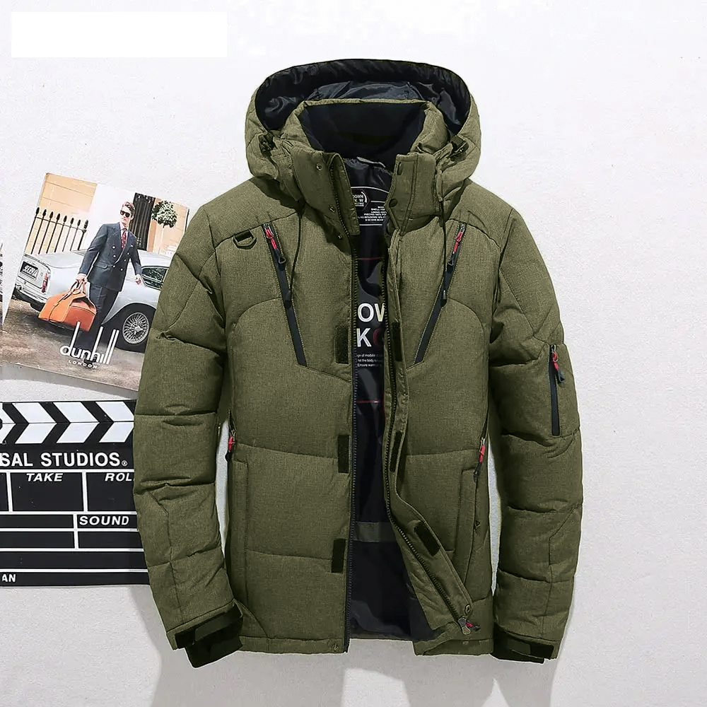Men's black puffer jacket with detachable hood and storm flap, slim winter silhouette