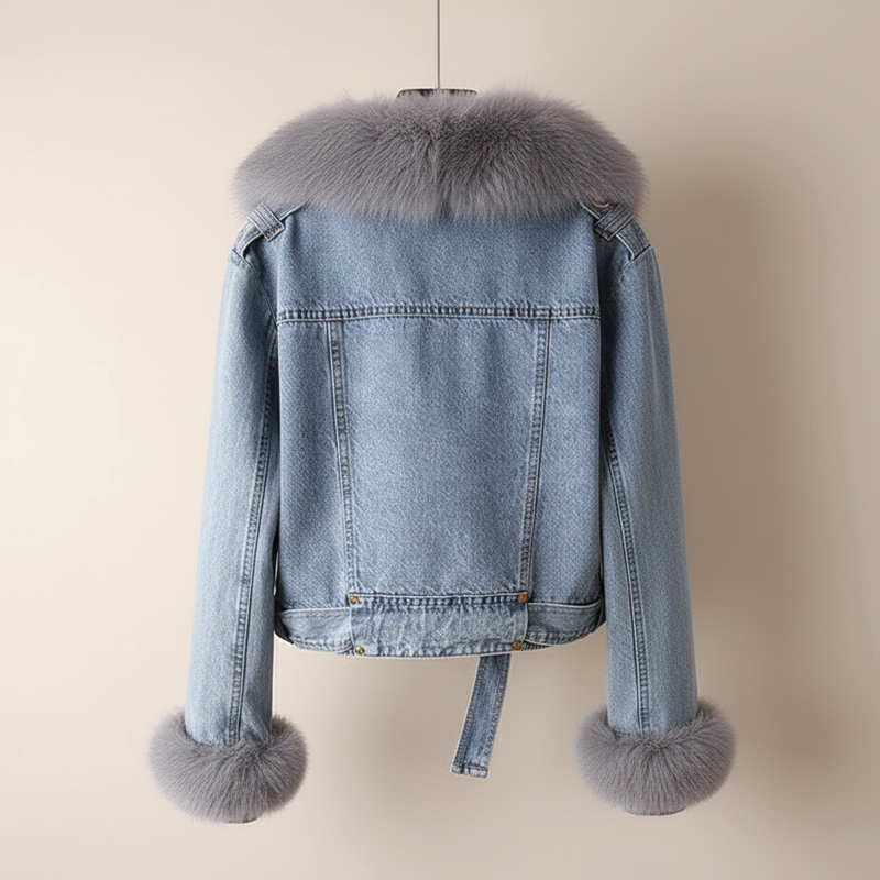 Cropped blue denim jacket with faux fur lining, belted waist, and wide lapel collar