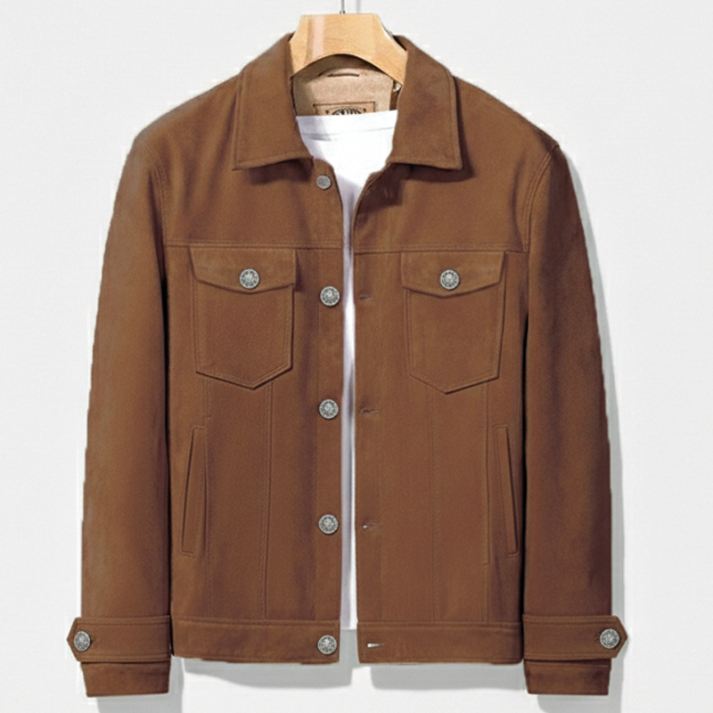 Men's brown premium suede jacket tailored slim fit with subtle patina finish for everyday style