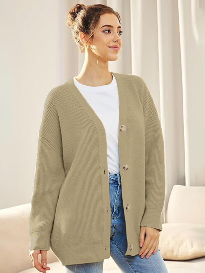 Isla oversized knit button cardigan with V-neckline, relaxed fit for effortless everyday layering