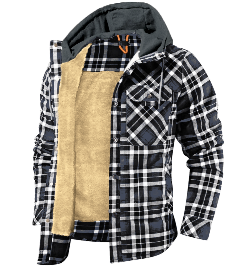 Men's plaid hoodie jacket fleece-lined winter coat with button-up design, warm casual fit