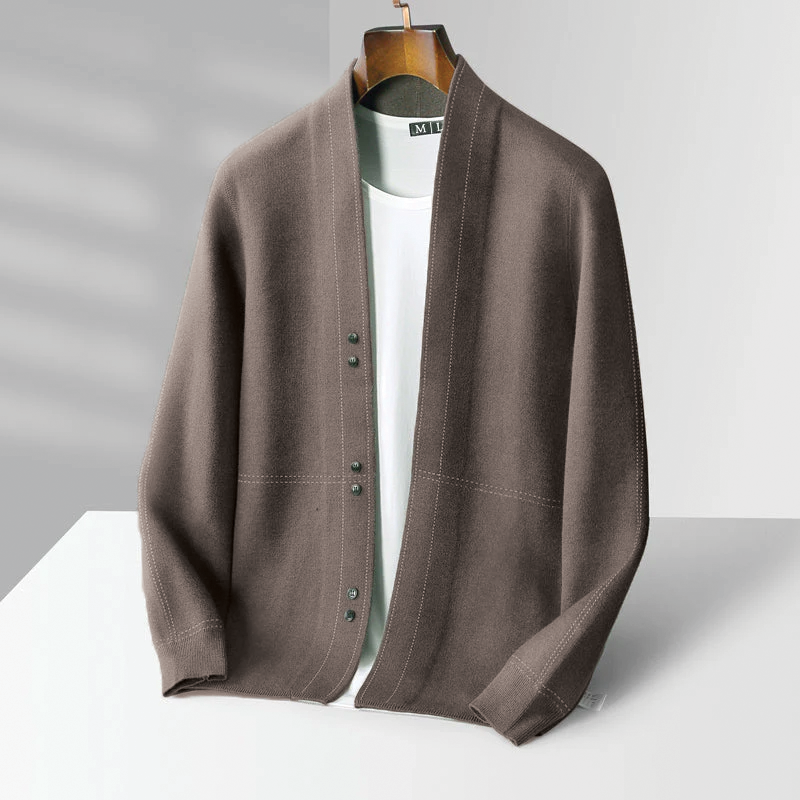 Men's gray wool blend relaxed fit cardigan with button closure, cozy autumn winter layering essential