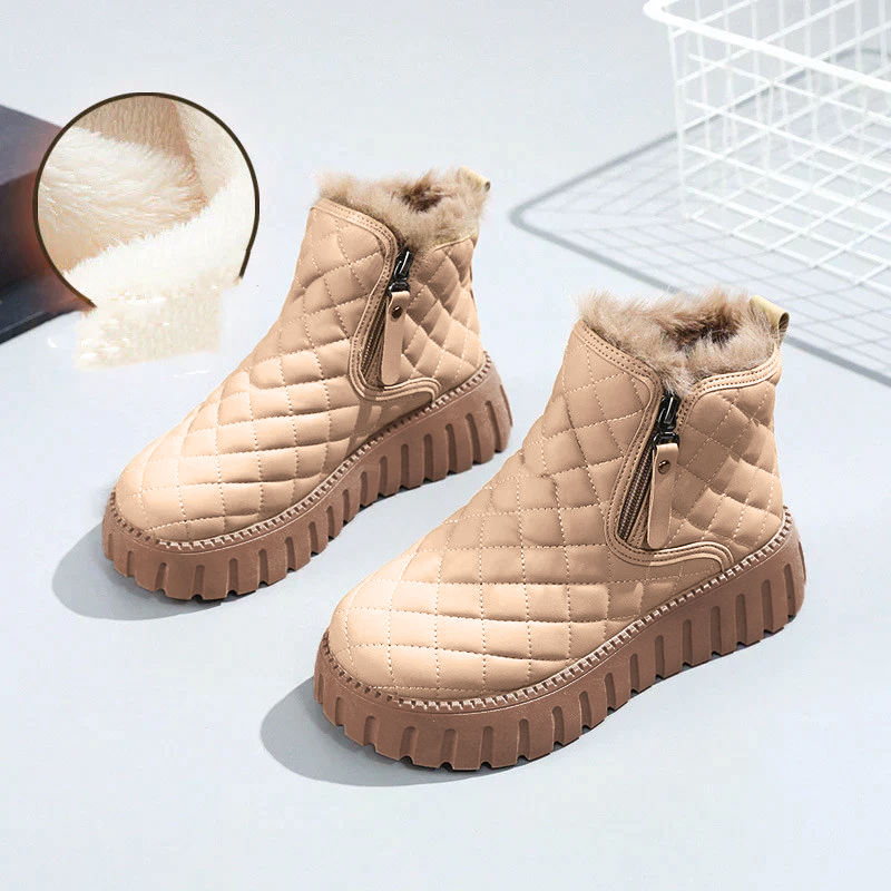Checkered quilted vegan leather ankle boots with plush fur lining, bold diamond pattern, cozy chic style