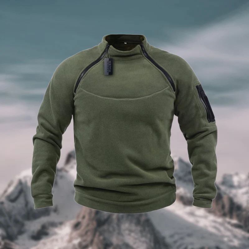 Men's gray tactical fleece pullover relaxed fit with wind-resistant fabric and sleeve pocket