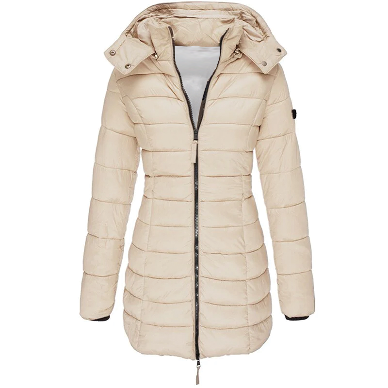 Rachel fitted mid-thigh puffer jacket with detachable hood, lightweight insulated winter coat