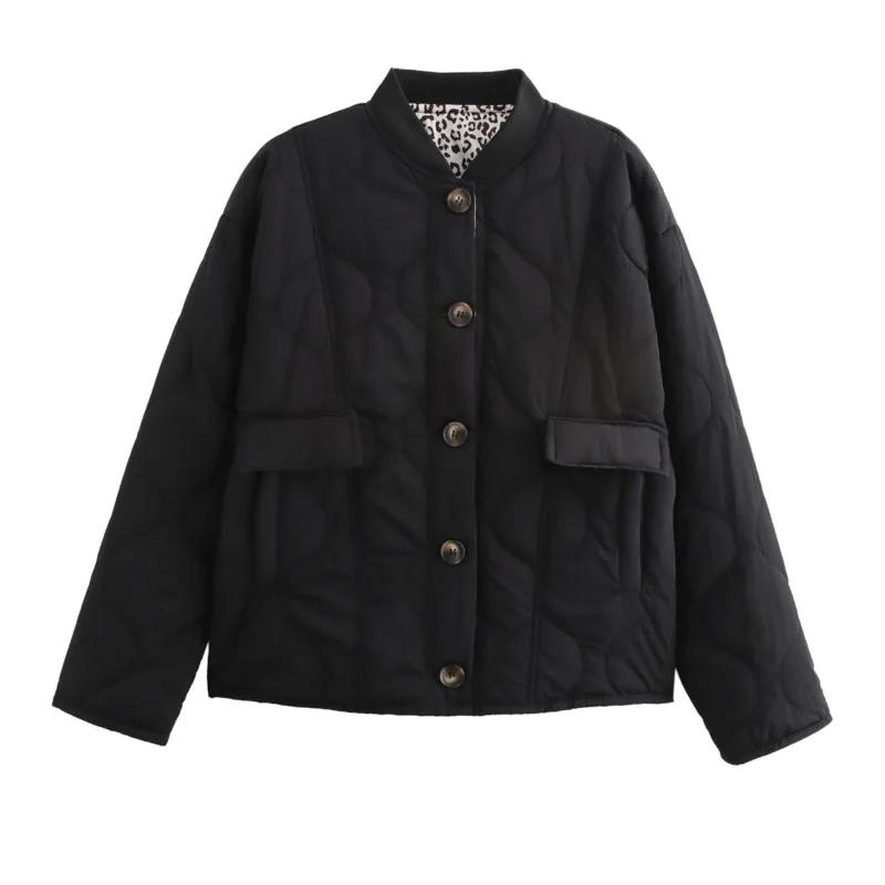 Black padded cotton jacket with leopard patchwork sleeves, quilted silhouette, street-style ready