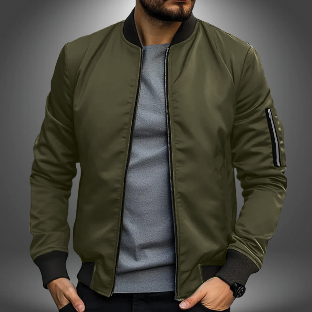 Men's lightweight navy bomber jacket with ribbed cuffs and breathable polyester blend for fall layering