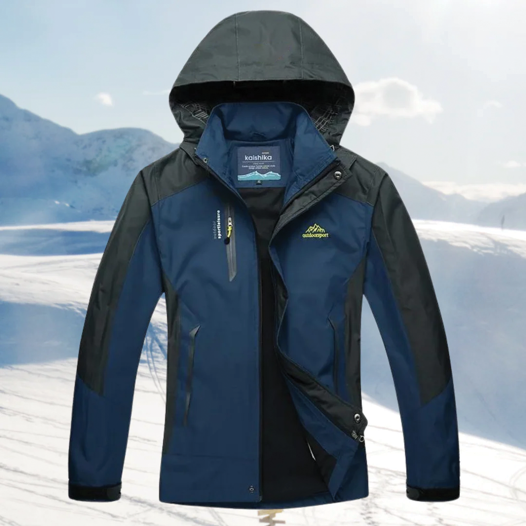 Men's navy blue ski jacket waterproof windproof slim fit with adjustable hood and zippered pockets