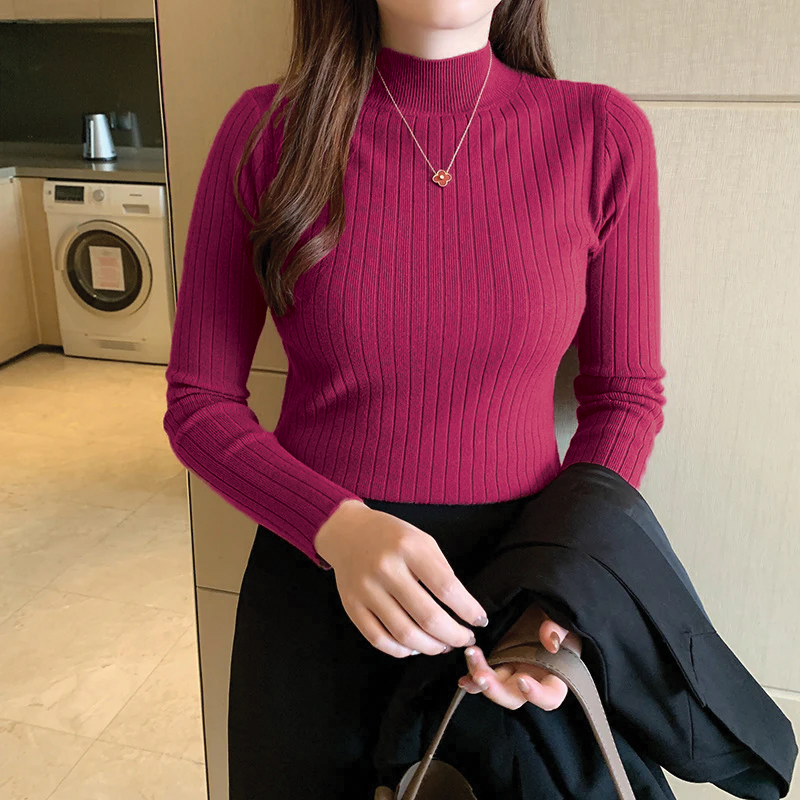 Cream ribbed turtleneck fitted knit top with cozy fold-over collar for fall winter
