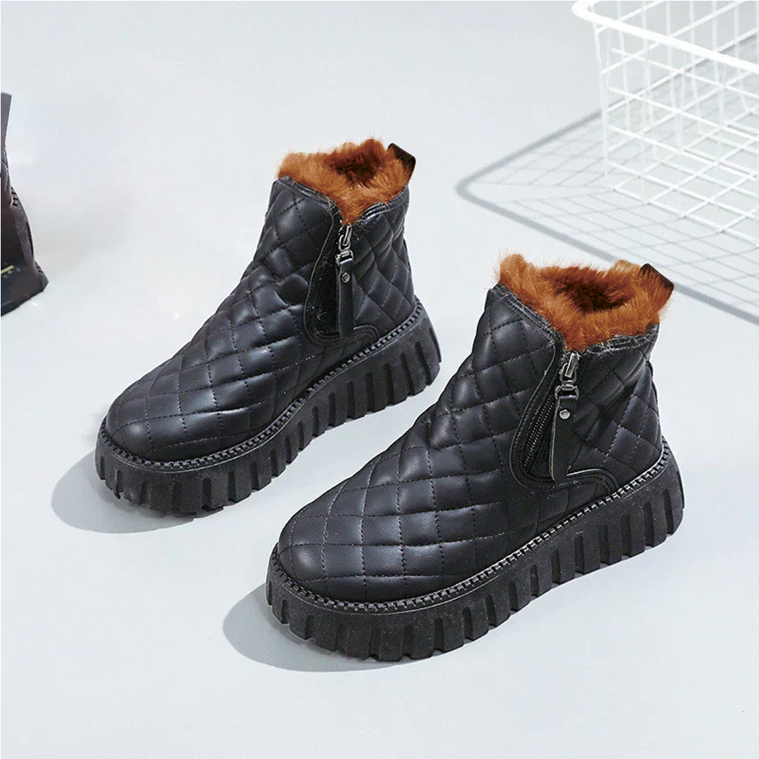 Checkered quilted vegan leather ankle boots with plush fur lining, bold diamond pattern, modern cozy style