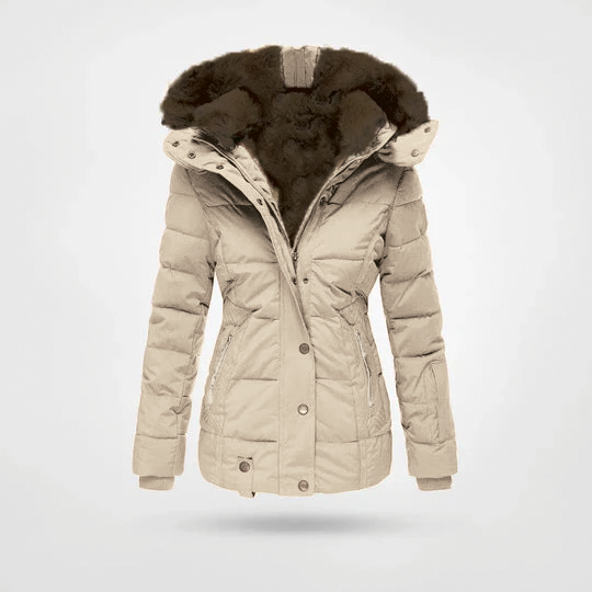 Women's black hooded padded jacket with faux fur-lined hood and fitted silhouette