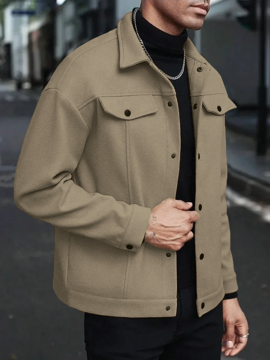 Men's gray wool blend tailored jacket with stand collar and chest pockets for classic winter style