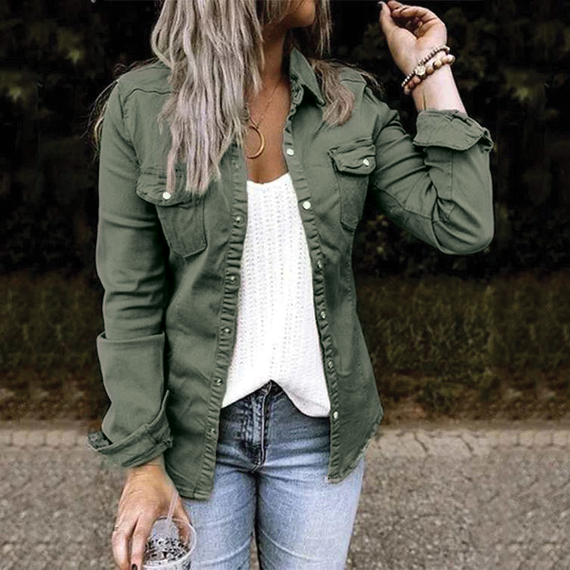 Arya lightweight denim shirt jacket in classic blue with tailored cut and full button front placket
