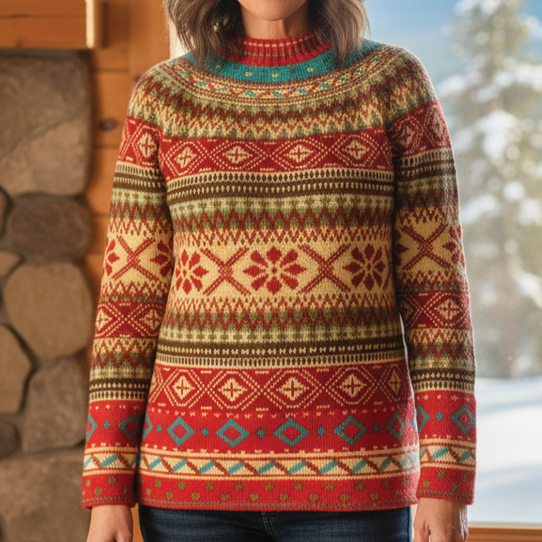 Multicolor jacquard knit pullover sweater with intricate textured pattern, cozy soft-touch fabric for fall