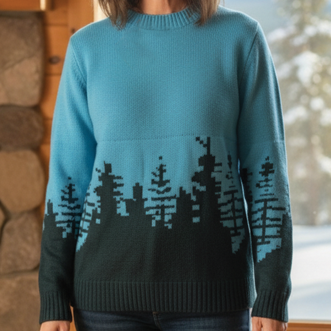Multicolor jacquard knit pullover sweater with intricate textured pattern, cozy soft-touch fabric for fall