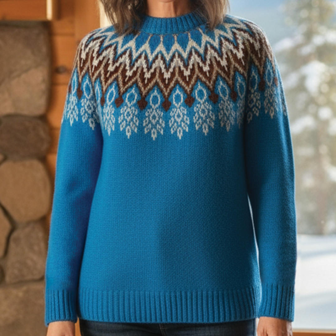 Multicolor jacquard knit pullover sweater with intricate textured patterns, cozy soft-touch fabric for fall