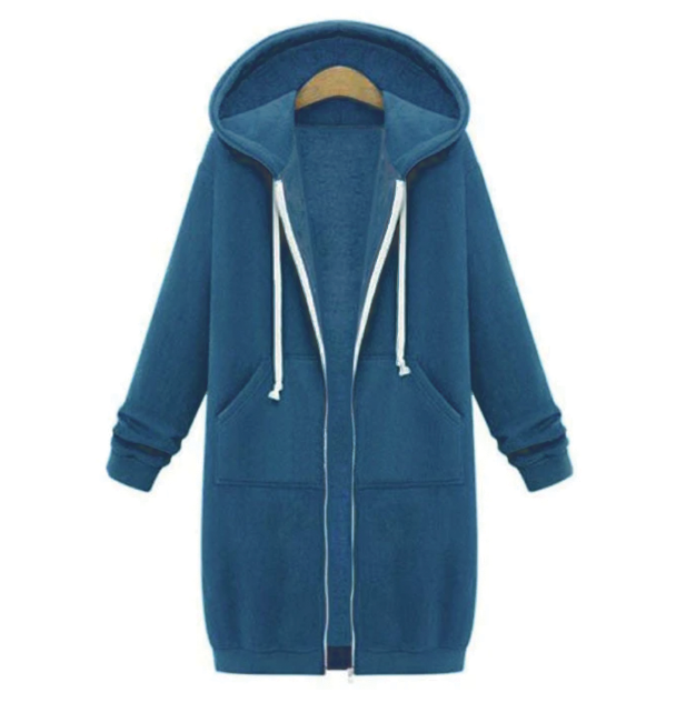 Bonnie longline full-zip hoodie in casual style with extended hem for versatile everyday layering