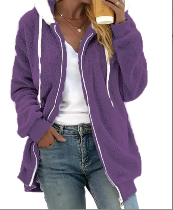 Women's grey fleece zip hoodie with ribbed trim and cozy plush fabric for cold weather layering