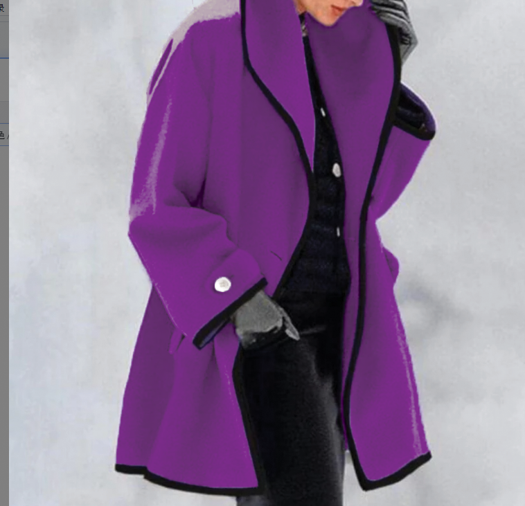 Beige oversized coat with wide lapel collar, contrast trim, and loose tailored fit for women
