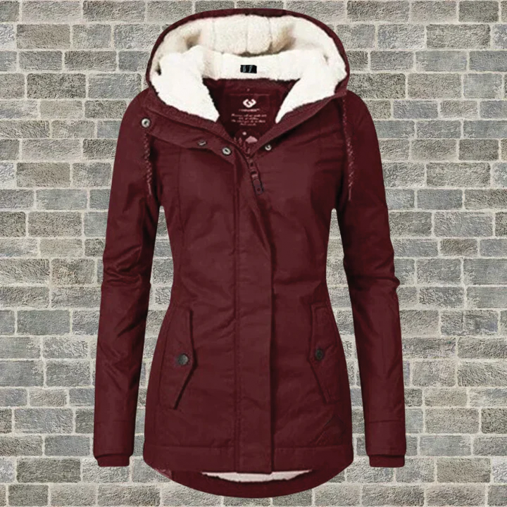Women's hooded winter jacket in classic style with fleece lining and zip-up front closure