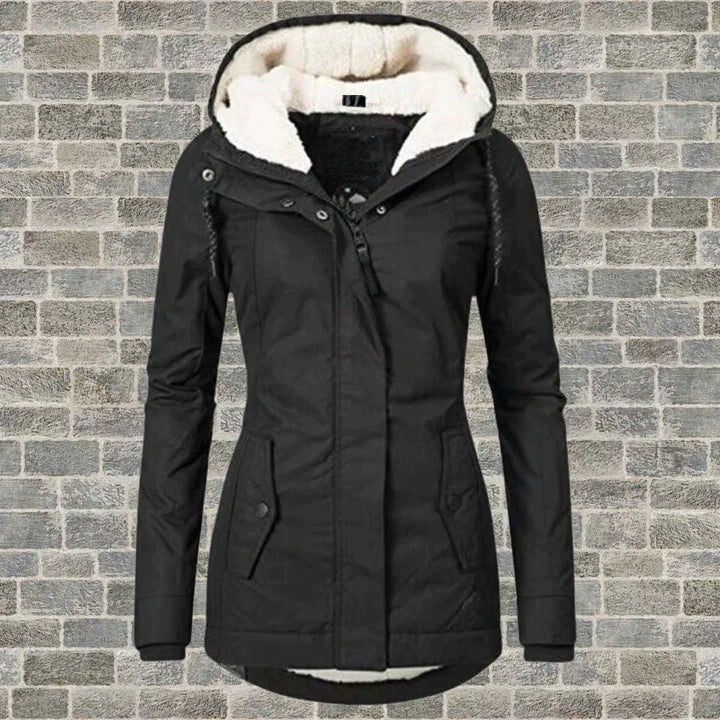 Women's hooded winter jacket in neutral tone, zip-up fleece-lined style for cold weather