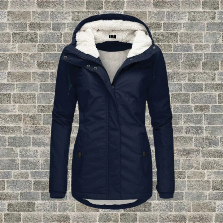 Women's hooded winter jacket in neutral tone with fleece lining and zip-up front closure
