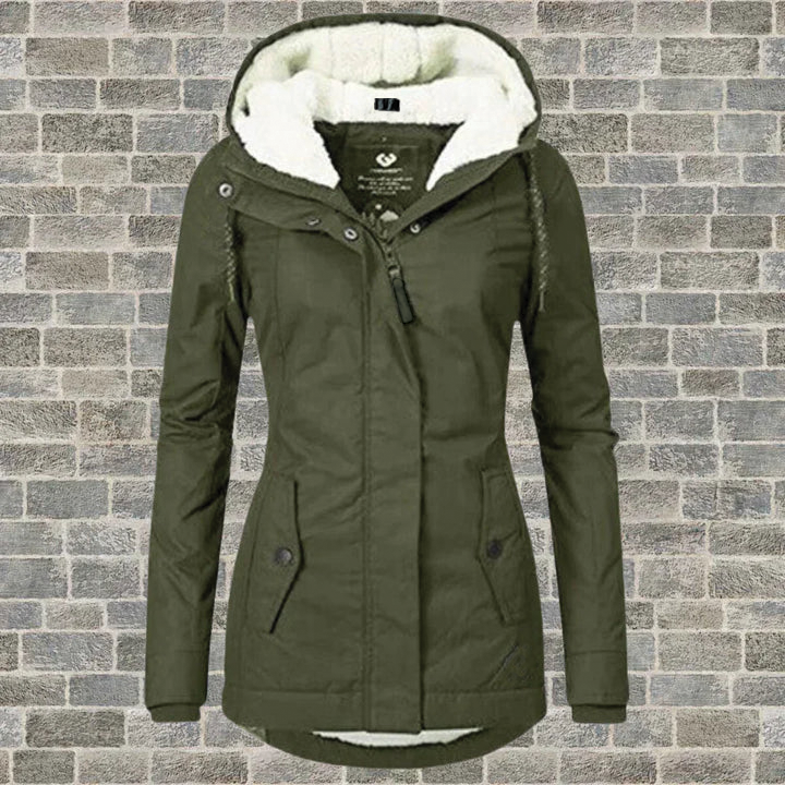 Women's hooded winter jacket in neutral tone with fleece lining and full zip-up front closure